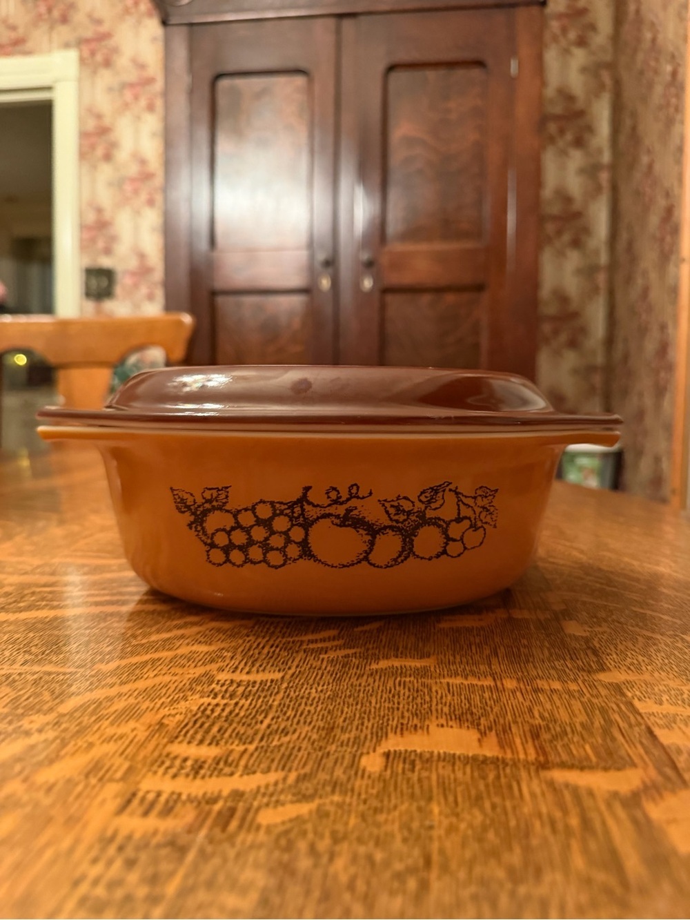 Vintage Brown Covered Casserole Dish with Fruit Motif - Brown